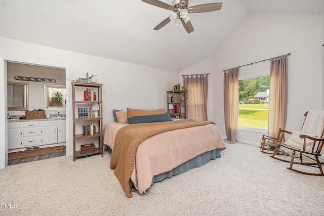 701 Creekside Dr, Clayton, NC 27520 - bedroom with carpet, ensuite bath, a sink, high vaulted ceiling, and a ceiling fan