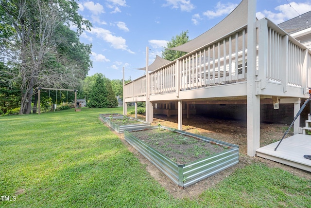701 Creekside Dr, Clayton, NC 27520 - view of green lawn featuring a garden and a wooden deck