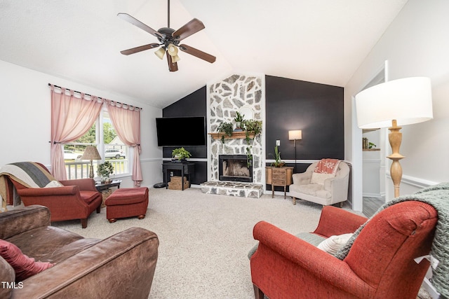 701 Creekside Dr, Clayton, NC 27520 - carpeted living room with ceiling fan, vaulted ceiling, and a fireplace