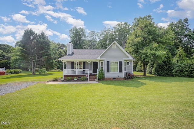 701 Creekside Dr, Clayton, NC 27520 - view of front of house with crawl space, a porch, a chimney, a front lawn, and a shingled roof