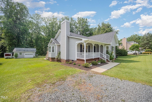 701 Creekside Dr, Clayton, NC 27520 - view of front of home featuring a porch, an outdoor structure, roof with shingles, crawl space, and a front lawn
