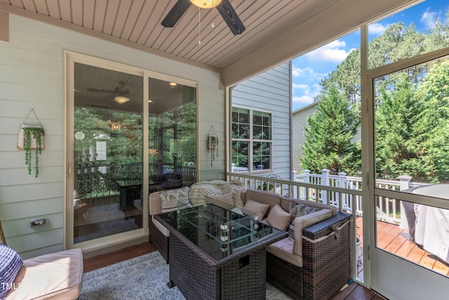 6509 Conaway Ct, Wake Forest, NC 27587 - deck featuring a ceiling fan and an outdoor hangout area