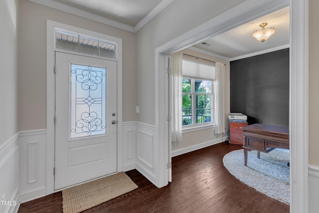 6509 Conaway Ct, Wake Forest, NC 27587 - entryway featuring wainscoting, dark wood-style flooring, and crown molding