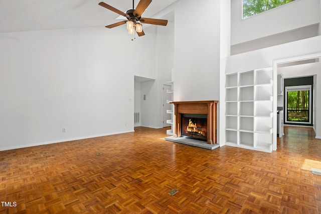 120 Polks Landing Rd, Chapel Hill, NC 27516 - unfurnished living room with high vaulted ceiling, plenty of natural light, baseboards, and ceiling fan
