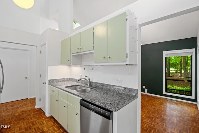 120 Polks Landing Rd, Chapel Hill, NC 27516 - kitchen featuring dishwasher, a sink, baseboards, and dark stone countertops