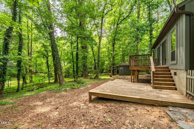 120 Polks Landing Rd, Chapel Hill, NC 27516 - view of yard featuring a wooden deck, stairway, and a view of trees