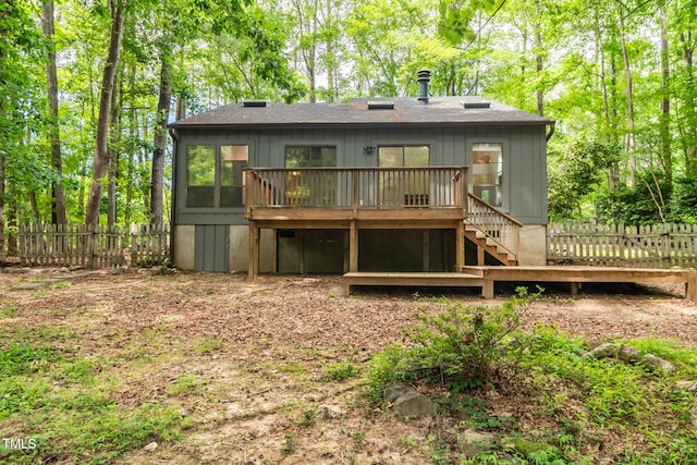 120 Polks Landing Rd, Chapel Hill, NC 27516 - rear view of property with stairway, a wooden deck, a fenced backyard, and a shingled roof