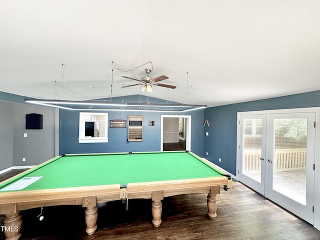 322 S Dixon Ave, Cary, NC 27511 - playroom with wood finished floors, a ceiling fan, lofted ceiling, french doors, and billiards