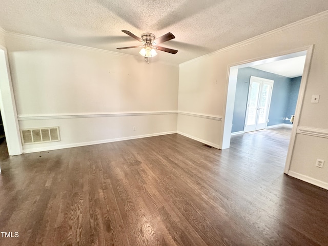322 S Dixon Ave, Cary, NC 27511 - empty room with dark wood finished floors, a textured ceiling, a ceiling fan, crown molding, and baseboards