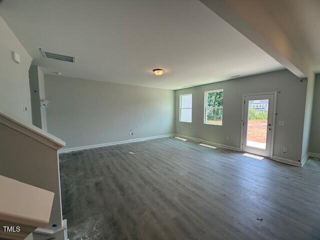 285 Gregory Village Dr, Lillington, NC 27546 - unfurnished living room featuring dark wood-type flooring and baseboards