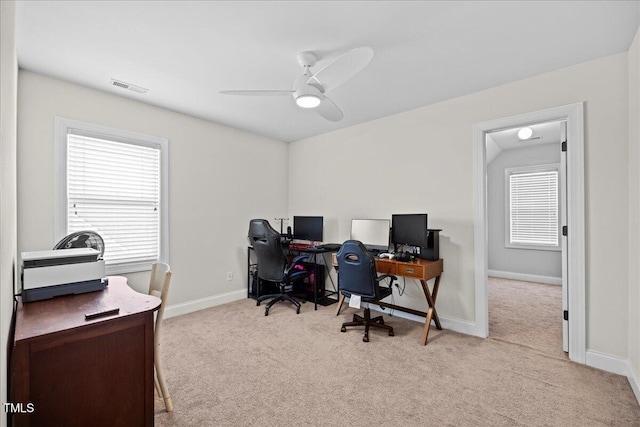 224 Swann Trl, Clayton, NC 27527 - home office featuring light carpet, baseboards, and a ceiling fan