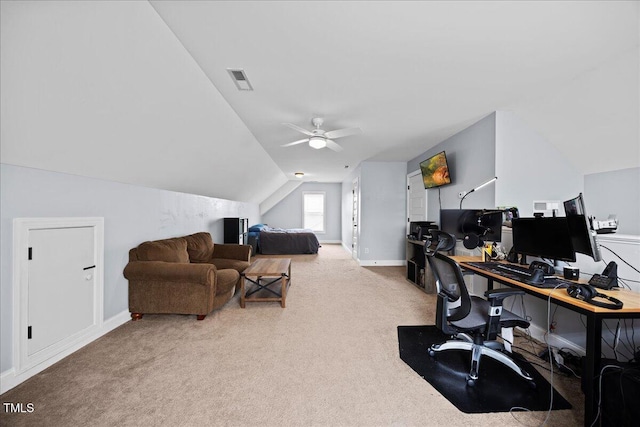 224 Swann Trl, Clayton, NC 27527 - carpeted office space with vaulted ceiling, a ceiling fan, and baseboards
