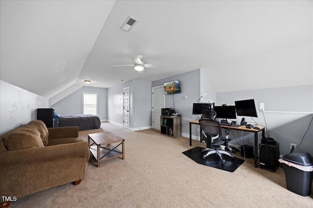 224 Swann Trl, Clayton, NC 27527 - office area featuring light colored carpet, vaulted ceiling, ceiling fan, and baseboards