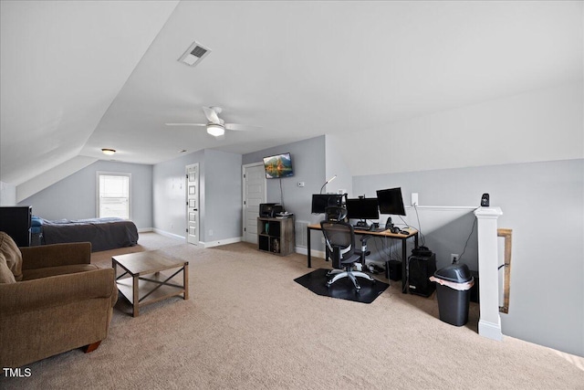 224 Swann Trl, Clayton, NC 27527 - office featuring carpet flooring, vaulted ceiling, baseboards, and a ceiling fan