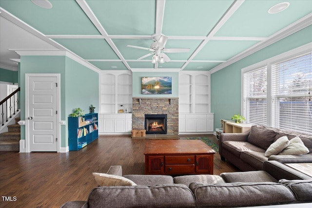 224 Swann Trl, Clayton, NC 27527 - living area with ceiling fan, built in features, baseboards, coffered ceiling, and stairs