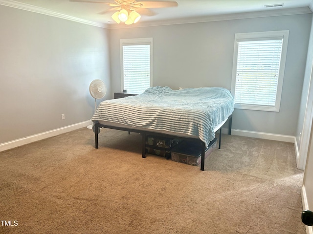 224 Swann Trl, Clayton, NC 27527 - bedroom with light carpet, ornamental molding, multiple windows, baseboards, and a ceiling fan