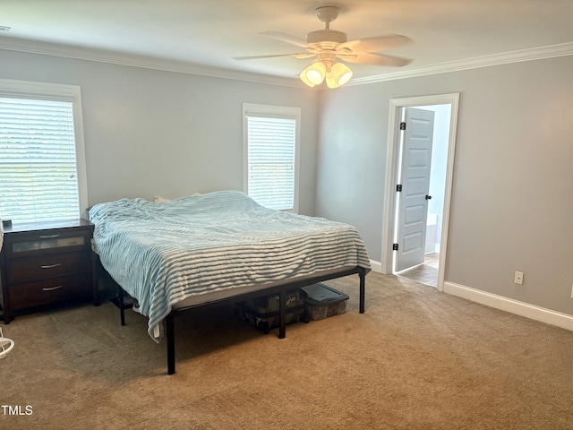 224 Swann Trl, Clayton, NC 27527 - bedroom with ornamental molding, multiple windows, light carpet, baseboards, and a ceiling fan