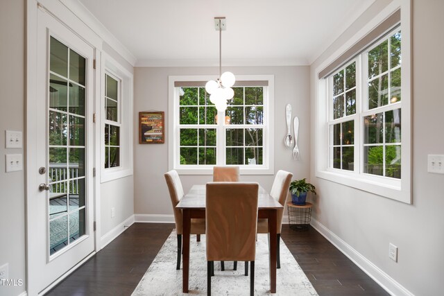 8909 Tara Hill Ln, Wake Forest, NC 27587 - dining area with baseboards, dark wood-style flooring, and crown molding