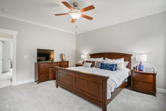 8909 Tara Hill Ln, Wake Forest, NC 27587 - bedroom with light colored carpet, baseboards, crown molding, and ceiling fan