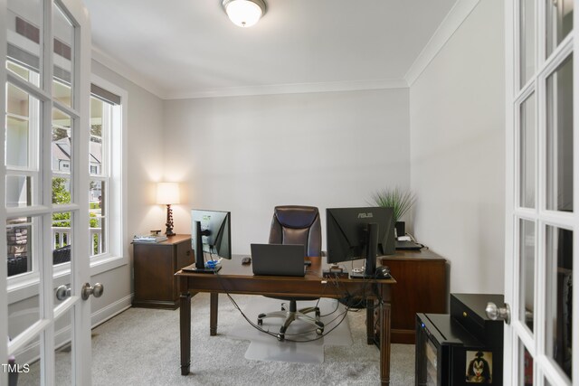 8909 Tara Hill Ln, Wake Forest, NC 27587 - office area with french doors, healthy amount of natural light, ornamental molding, and carpet floors