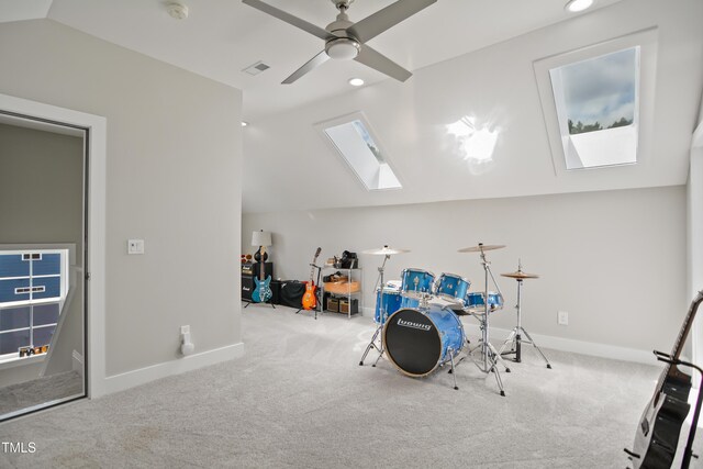 8909 Tara Hill Ln, Wake Forest, NC 27587 - recreation room with a skylight, carpet floors, vaulted ceiling, baseboards, and recessed lighting