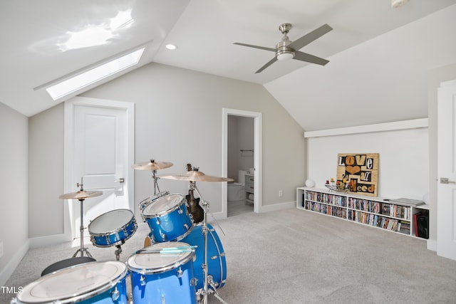 8909 Tara Hill Ln, Wake Forest, NC 27587 - game room featuring a skylight, vaulted ceiling, carpet flooring, ceiling fan, and recessed lighting