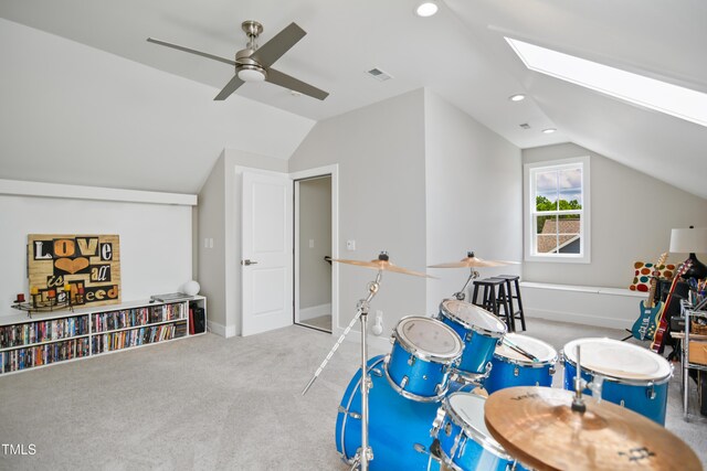 8909 Tara Hill Ln, Wake Forest, NC 27587 - game room with vaulted ceiling, a ceiling fan, a skylight, carpet, and recessed lighting
