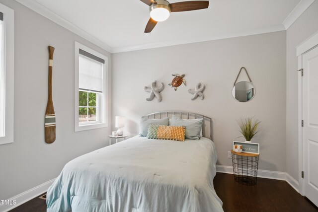 8909 Tara Hill Ln, Wake Forest, NC 27587 - bedroom with crown molding, baseboards, wood finished floors, and ceiling fan