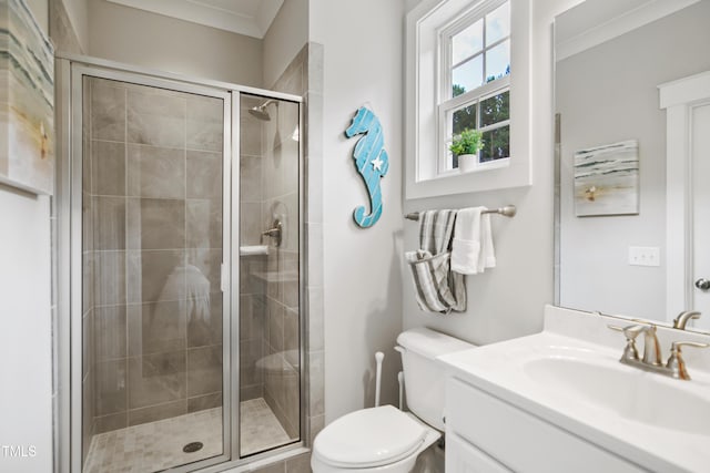 8909 Tara Hill Ln, Wake Forest, NC 27587 - bathroom with toilet, vanity, a stall shower, and crown molding