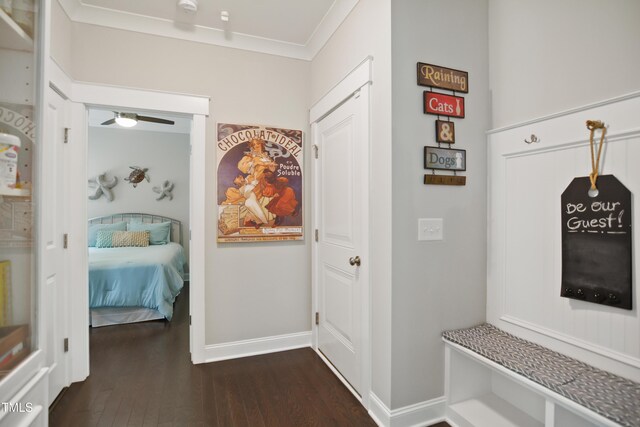8909 Tara Hill Ln, Wake Forest, NC 27587 - mudroom with dark wood finished floors, ceiling fan, baseboards, and crown molding