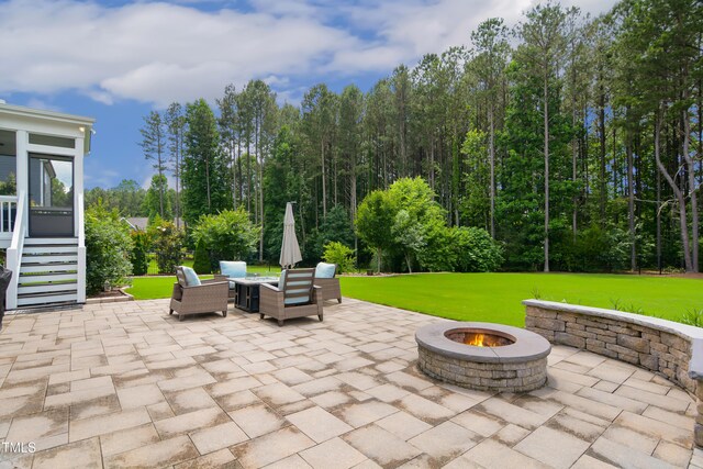 8909 Tara Hill Ln, Wake Forest, NC 27587 - view of patio / terrace featuring a fire pit, a sunroom, and stairs