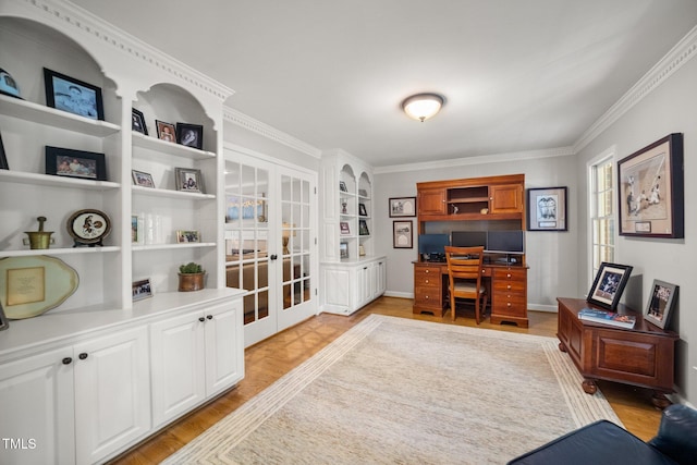 102 Pin Oak Ct, Elon, NC 27244 - office featuring french doors, crown molding, light wood-style flooring, and built in shelves