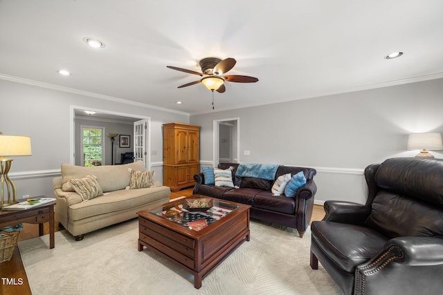 102 Pin Oak Ct, Elon, NC 27244 - living area featuring a ceiling fan, recessed lighting, and crown molding