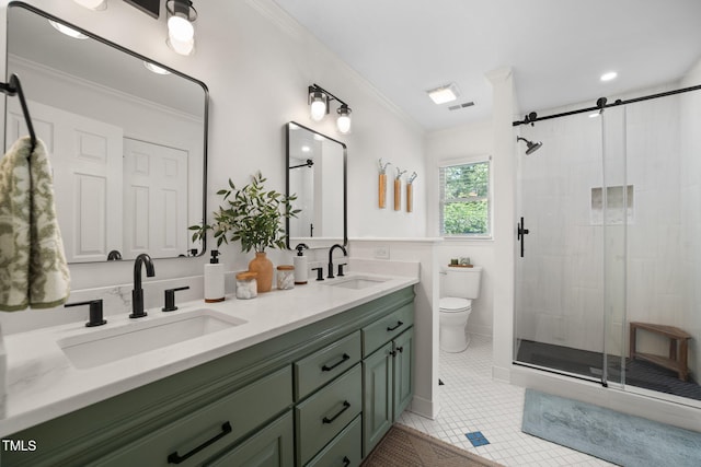 102 Pin Oak Ct, Elon, NC 27244 - bathroom featuring toilet, double vanity, a shower stall, tile patterned floors, and ornamental molding