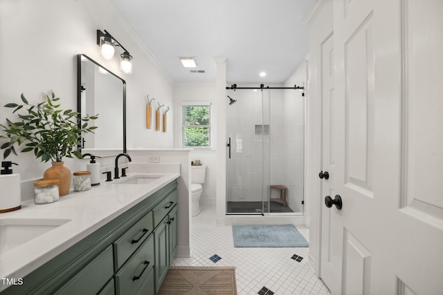 102 Pin Oak Ct, Elon, NC 27244 - bathroom featuring double vanity, a stall shower, toilet, tile patterned flooring, and ornamental molding