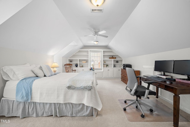 102 Pin Oak Ct, Elon, NC 27244 - bedroom featuring vaulted ceiling, an office area, light carpet, and ceiling fan