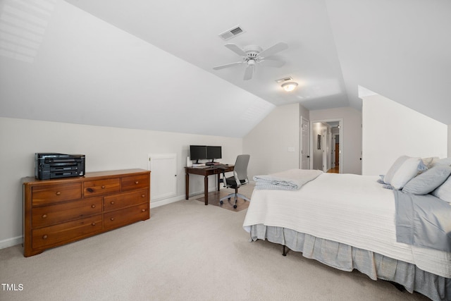 102 Pin Oak Ct, Elon, NC 27244 - bedroom with light carpet, a desk, vaulted ceiling, baseboards, and ceiling fan