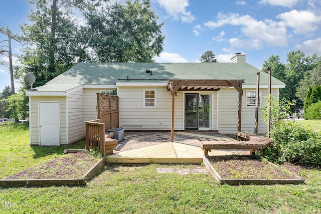2108 Carthage Cir, Raleigh, NC 27604 - back of property featuring a pergola, a wooden deck, a yard, a chimney, and a garden