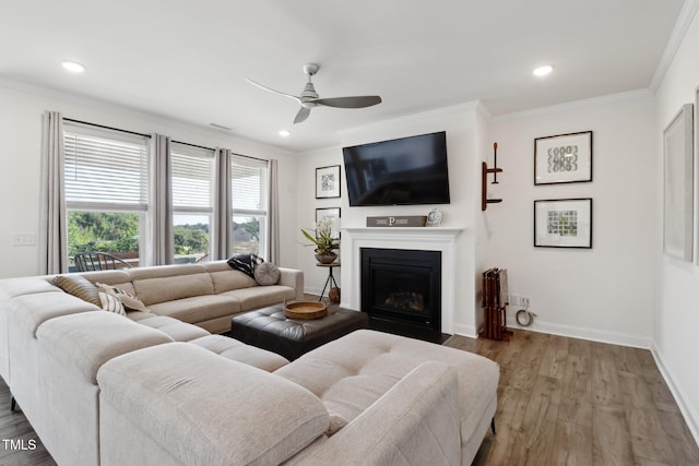 404 Porterfield Dr, Youngsville, NC 27596 - living room featuring ceiling fan, wood finished floors, recessed lighting, a fireplace with flush hearth, and ornamental molding
