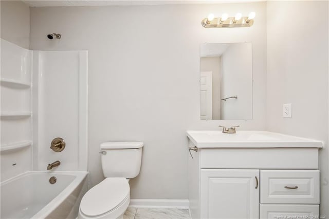 6313 Belle Terre Ct, Fayetteville, NC 28304 - bathroom featuring vanity, toilet, bathtub / shower combination, marble finish flooring, and baseboards