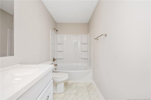 6313 Belle Terre Ct, Fayetteville, NC 28304 - bathroom featuring vanity, toilet, marble look tiles, a textured ceiling, and baseboards