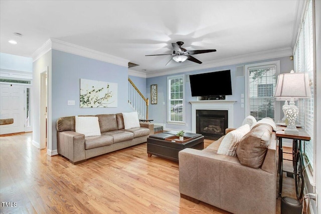 1128 Neuse Ridge Dr, Clayton, NC 27527 - living room with stairway, healthy amount of natural light, light wood-style flooring, crown molding, and a ceiling fan