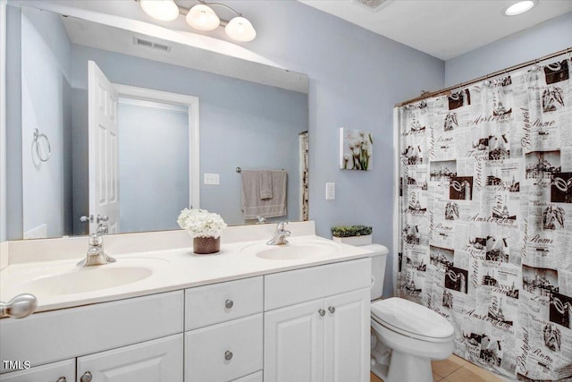 1128 Neuse Ridge Dr, Clayton, NC 27527 - full bath with double vanity, toilet, tile patterned flooring, and curtained shower