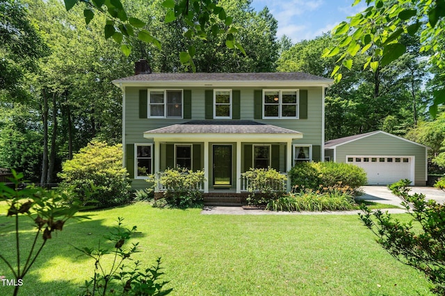 1006 Apache Ln, Apex, NC 27502 - view of front of property featuring a chimney, a garage, an outbuilding, and a front yard