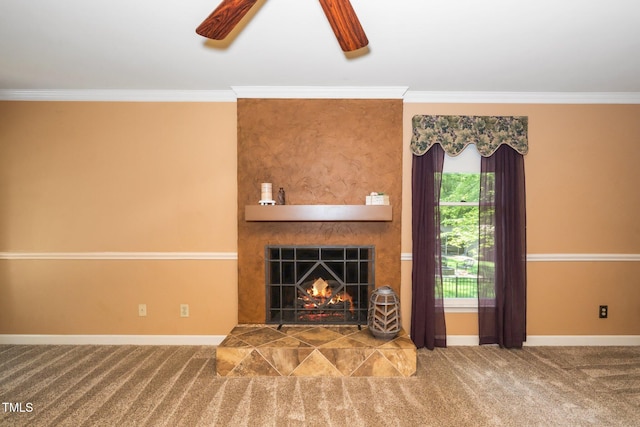 1006 Apache Ln, Apex, NC 27502 - unfurnished living room featuring carpet, crown molding, baseboards, a fireplace, and a ceiling fan