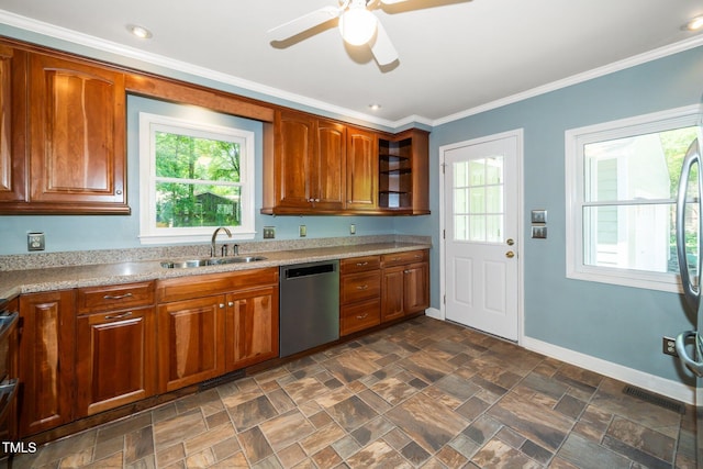 1006 Apache Ln, Apex, NC 27502 - kitchen with dishwasher, a sink, ceiling fan, brown cabinets, and crown molding