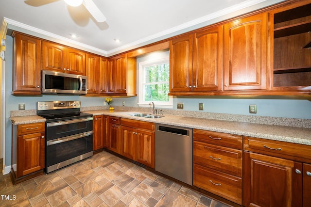 1006 Apache Ln, Apex, NC 27502 - kitchen featuring appliances with stainless steel finishes, open shelves, a sink, a ceiling fan, and stone finish flooring
