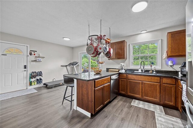 701 Dandridge Dr, Fayetteville, NC 28304 - kitchen with dishwasher, a sink, a peninsula, plenty of natural light, and a textured ceiling