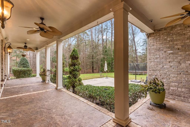 166 Bonica Creek Dr, Garner, NC 27529 - view of patio with a ceiling fan and a trampoline