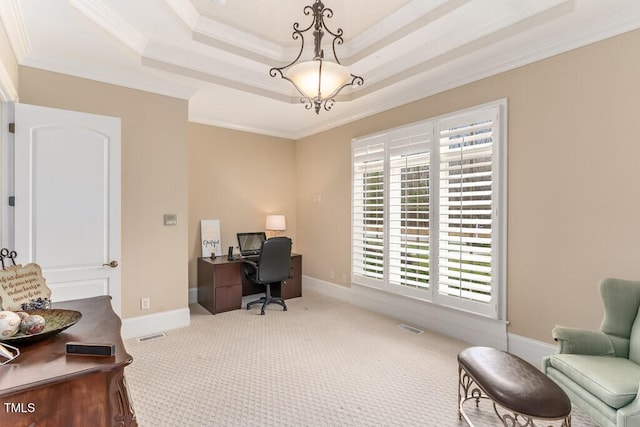166 Bonica Creek Dr, Garner, NC 27529 - carpeted office space with crown molding, a tray ceiling, a chandelier, and baseboards